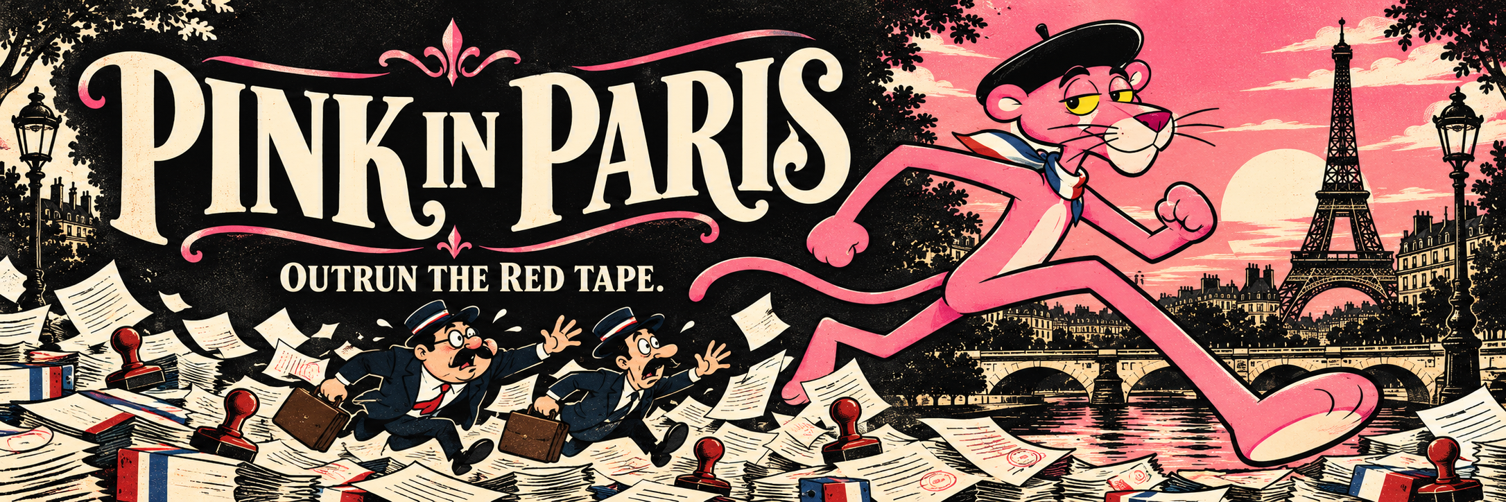 Pink in Paris. Outrun the red tape. Pink Panther escapes bumbling government bureaucrats beside the Eiffel Tower.